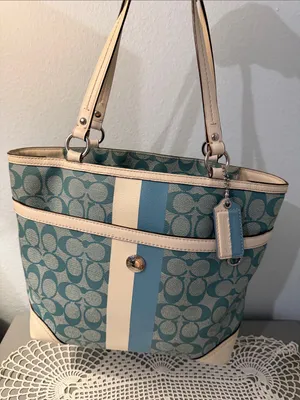Coach Chelsea Teal and Cream Signature Stripe Tote. thumbnail 4