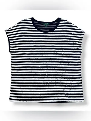 Lauren Ralph Lauren Sequin Striped Cap Sleeve Top Blue White Large Nautical thumbnail 12