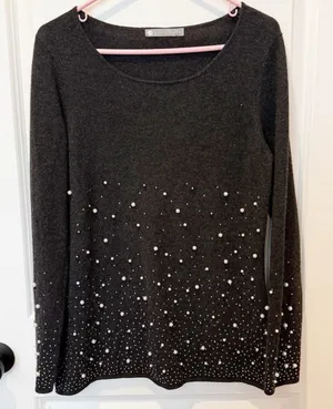 Womens Cashmere Beaded Sweater Medium Old Money Luxury Event Holiday Gray thumbnail 1