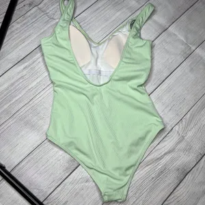 Zaful Sage Green Crinkle Ribbed One Piece Deep Scoop Neck One Piece Swimsuit S thumbnail 8