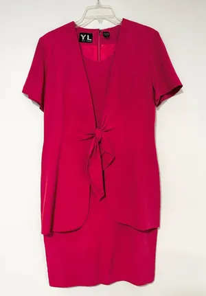 YL by Yair Magenta Pink 100% Silk 2-Piece Sheath Dress & Tie Front Jacket Set 6 thumbnail 1