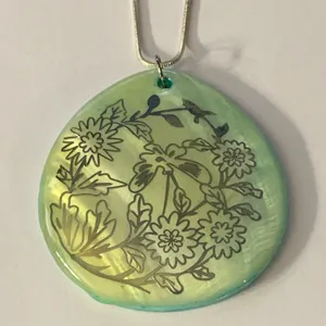 Blue Abalone Silver Foil Printed Design Pendant Necklace thumbnail 2
