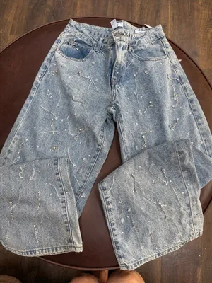 100% Cotton Denim Jeans with Rhinestone Embellishments Light Acid Wash thumbnail 1
