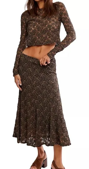 Free People Laney 2 Piece Set XS NWT Long Sleeve Crop Top Midi Skirt Floral Boho thumbnail 1