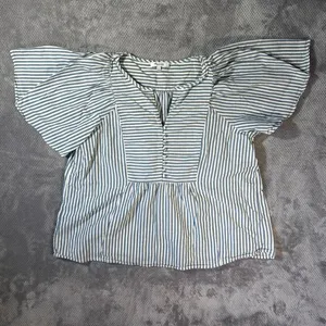Madewell Courtyard Striped Puff Sleeve Peplum Blouse Medium Blue White Button Fr thumbnail 2