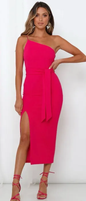 Hello Molly One-Shoulder Fuchsia Midi Dress with Side Slit thumbnail 1