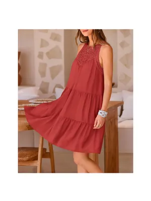 Sleeveless Crochet Yoke Tiered Dress in Rust thumbnail 4