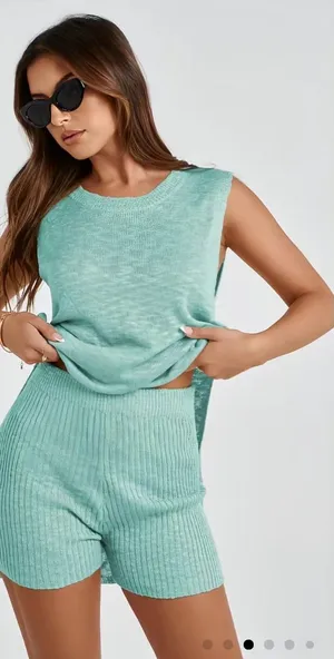 Uaneo 2 Piece Outfit Summer Knit Sweater Set Sleeveless Tunic top and short teal thumbnail 1