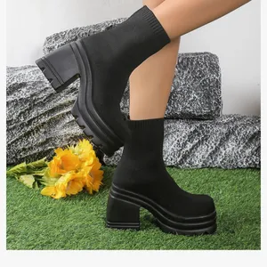 Amazon Black Chunky Heeled Sock Boots thumbnail 9