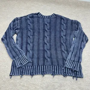 Evereve Distressed Cable Knit Cotton Sweater Navy Blue Sz M‎ EUC Fisherman thumbnail 3