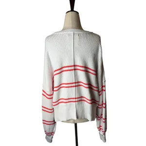 Aerie Beyond Cropped Sweater‎ Women Small White Pink Stripe Cotton Boxy Slouchy thumbnail 3