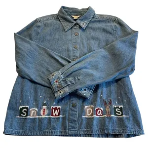 Christopher & Banks Denim Shirt Women’s M Snow Days Snowman Snowflake Embroidery thumbnail 1