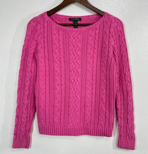 Lauren Ralph Lauren Cable Knit Sweater Womens M Pink Cotton Crew Neck Preppy thumbnail 1