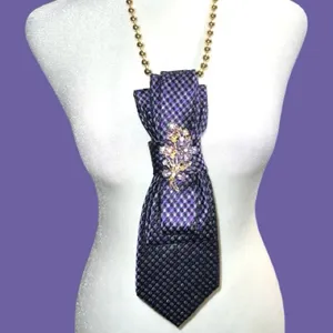 “Dainty Dapper”Purple and lavender Patterned Tie Necklace with brooch Purple thumbnail 1