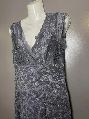 Blu Sage Dress Womens 10 Gray Lace Beaded V Neck Sheath Knee Length Party Formal thumbnail 5