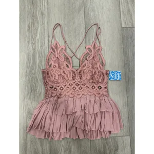 Free People Adella Cami Crochet‎ Lace Sleeveless Tiered Boho Western Top Mauve S thumbnail 2