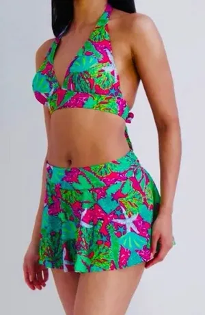 Stella Parker Pink Green Starfish Print 2 Piece Halter Swim Skirt Bikini Set M thumbnail 1