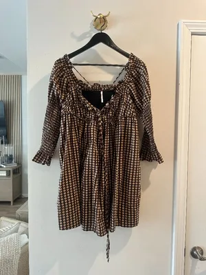 FREE PEOPLE Star Dip Tiered Smocked Button Front Cotton Dress Black Combo Small thumbnail 5