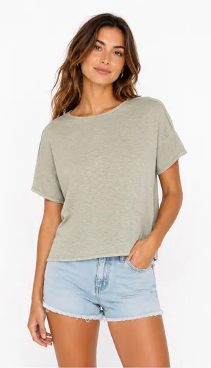 Free People Beach Oversized Short Sleeve Sweater Linen Blend Sage Green thumbnail 1