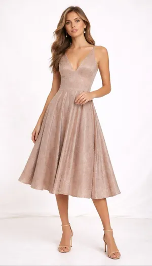 Dress the Population Delilah Rose Gold Metallic Midi Dress S Wedding Guest thumbnail 1