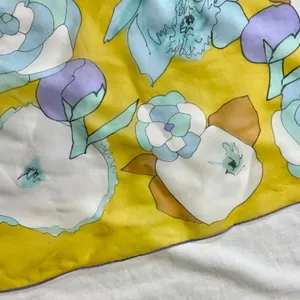 vintage yellow blue white floral scarf square poly chiffon thumbnail 7