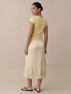 NWT Evren Silk Midi Skirt size Small S Lace trim butter yellow o.p.t thumbnail 4