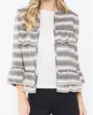 Sugarlips Striped Tweed Ruffle Jacket Navy Cream Frayed Edge Womens Size‎ Medium thumbnail 1