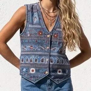 Keren Hart Vintage Denim Embroidered Floral Paisley Boho Vest Blue Small Western thumbnail 1