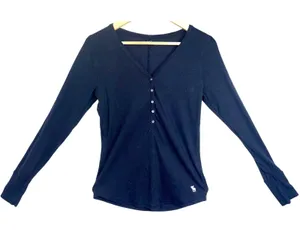 Abercrombie & Fitch Black Ribbed Knit V-Neck Henley Long Sleeve Blouse Size XL thumbnail 1