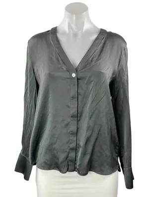 Club Monaco Women's Gray 100% Silk V Neck Long Sleeve Button Down Shirt Size S thumbnail 1