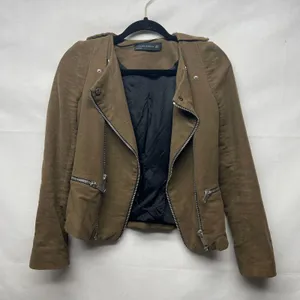 Zara Woman Faux Suede Brown Full Zip Moto Jacket Size XS Flawed thumbnail 2