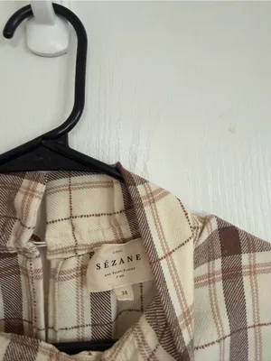 Sézane Plaid Ruffle Neck Long Sleeve Dress in Cream and Brown thumbnail 3