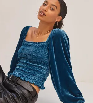 Anthropologie Smocked Puff Sleeve‎ Blue Velvet Square Neck Long Sleeve Top thumbnail 1