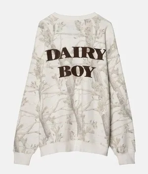 DAIRY BOY Teddy Brown Cream Woodland Camo Crew Sweatshirt XS Cotton Sold Out thumbnail 1