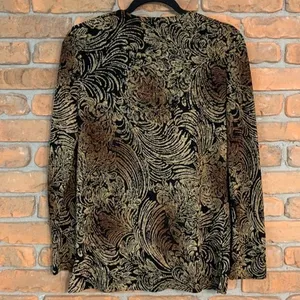 Laura Ashley Jacquard Feather Print Button Down Knit Blouse Black Gold - Size‎ S thumbnail 2