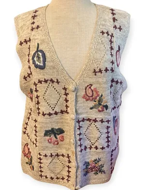 Vintage Y2K Knit Sweater Vest Tan Embroidery Flowers Leaves Button Cottagecore M thumbnail 1