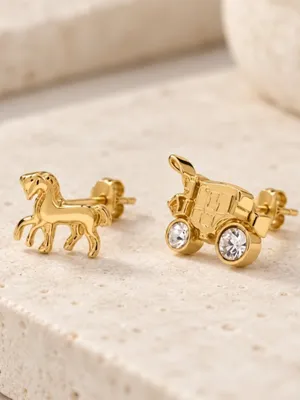 Coach Horse & Carriage Crystal Stud Earrings 14K Gold-Plated Brass NWT thumbnail 3