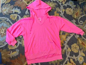 Aerie Bright Pink V-Neck Distressed Hoodie Sweatshirt thumbnail 2
