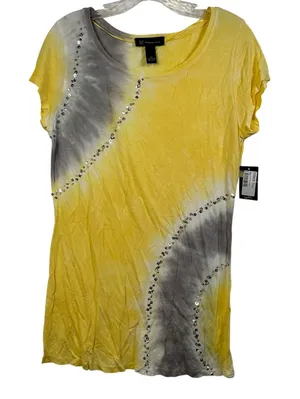 INC International Concepts Womens XL Yellow Tie Dye Sequin Stud Top thumbnail 1