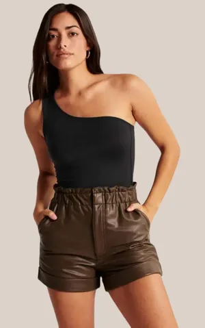 Abercrombie & Fitch Vegan Leather High Waist Paperbag Shorts Minimalist Neutral thumbnail 1
