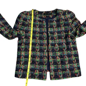ZARA WOMAN Multicolor Plaid Tweed‎ Collarless Blazer Jacket Shoulder M thumbnail 6