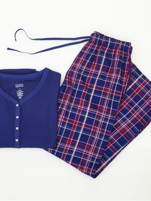 Croft & Barrow Henley Top & Rayon Pajama Bottom Set Dina Plaid Large NWT thumbnail 4