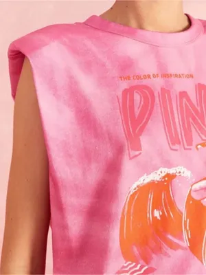 Farm Rio Pink Organic Cotton Tie Dye Coconut Shoulder Pad Slouchy Graphic Tee XS thumbnail 3