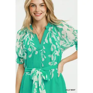 Umgee Floral Print Tie Waist Midi Dress with Side Pockets - Jelly Mint - Medium thumbnail 4