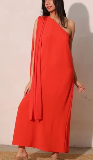 Tyche One-Shoulder Coral Orange Maxi Dress thumbnail 1