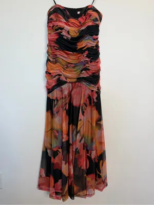 Hutch Bonnie Strapless Ruched Mesh Maxi Dress Floral Wedding Guest Large NWT thumbnail 2
