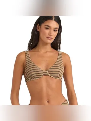 NEW Rhythm. Sol Stripe Hi Cut Adjustable Strap Two Piece XS Bikini Tan/Black Set thumbnail 3