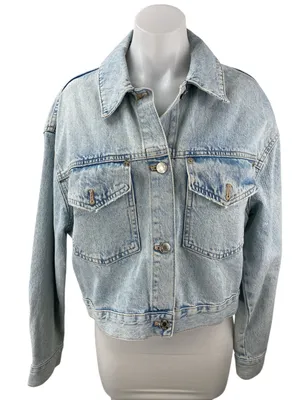 Zara Blue Acid Wash Long Sleeve Pockets Button Down Crop Denim Coat Jacket Sz S thumbnail 1