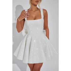 NWT Babyboo Dorothy Ivory Sequin Bow Square Neck Fit & Flare Mini Dress Size XS thumbnail 3