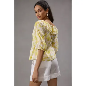 Maeve‎ Anthropologie Yellow Off-The Shoulder Ruffled Swing Puff Blouse Large thumbnail 2